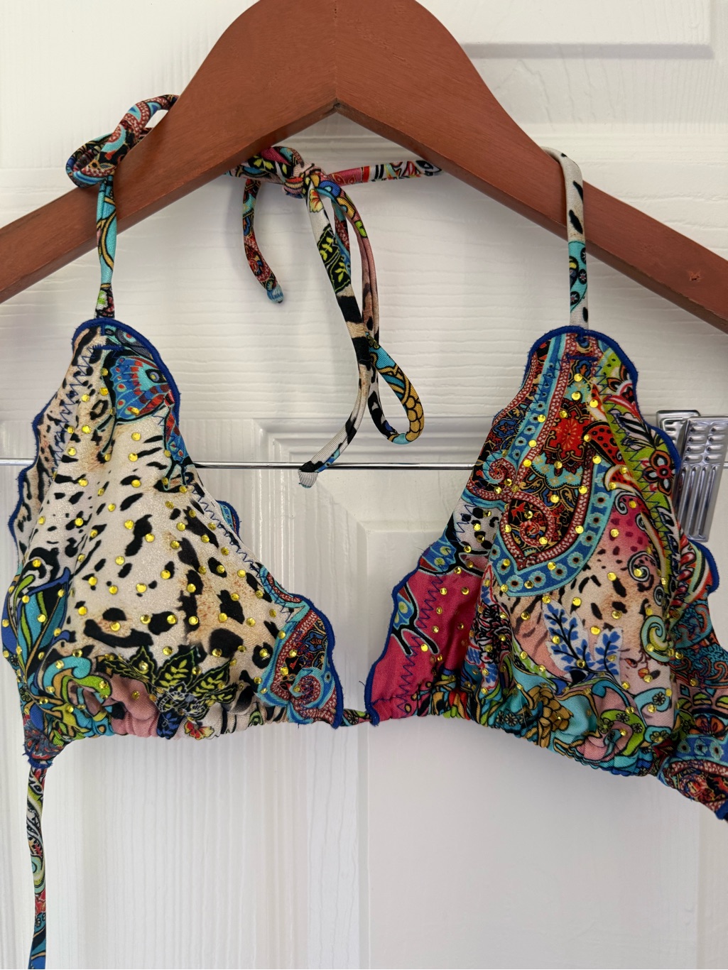 Luli Fama Crystallized Mixed Print Scalloped Triangle Bikini Top Size S
